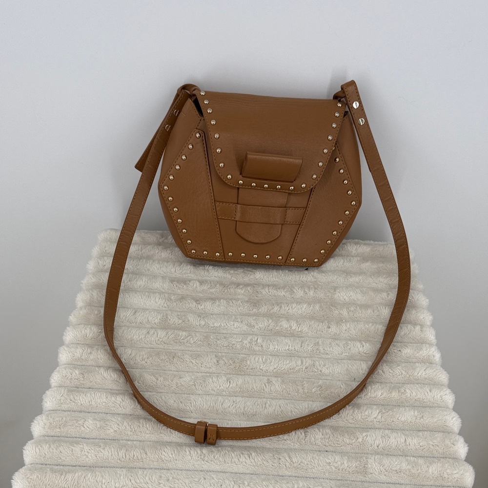 Vince Camuto Mavin studded tan crossbody bag 9” x 8”